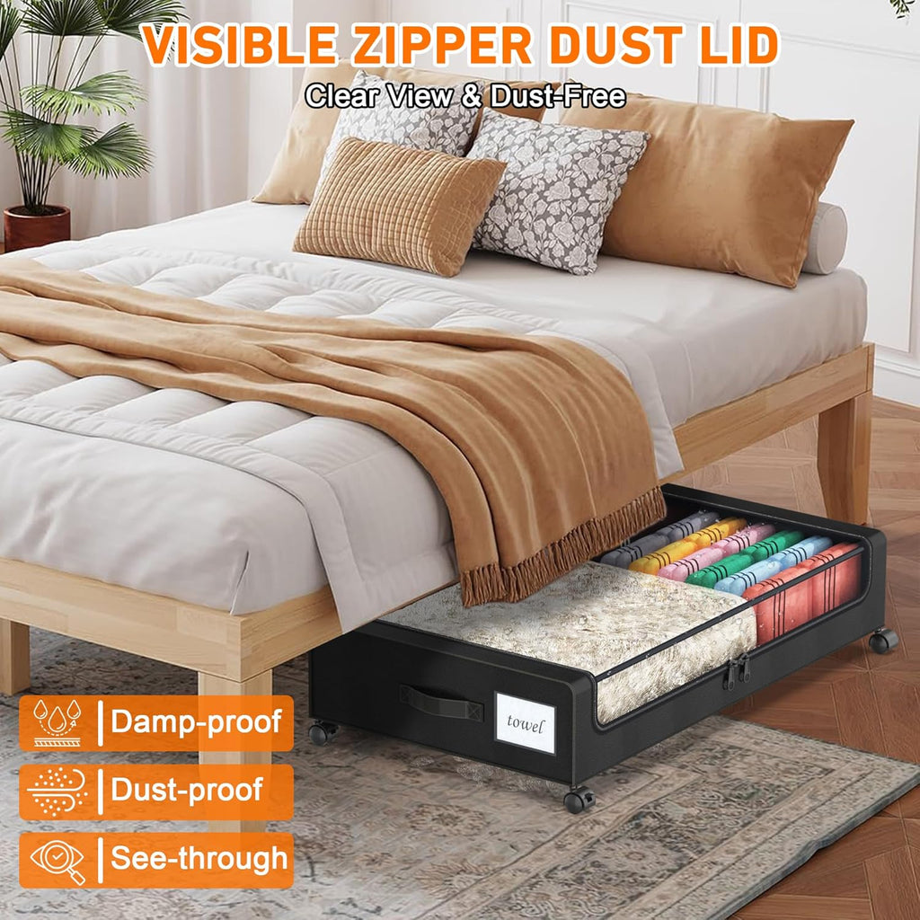 Under Bed Storage with Wheels, 2 Pack Under Bed Storage Containers with Dividers & Clear Lids, XXL 65L Under the bed storage Organizer Bins, Underbed Storage with Wheels for Clothes (Black, 2 Pack)