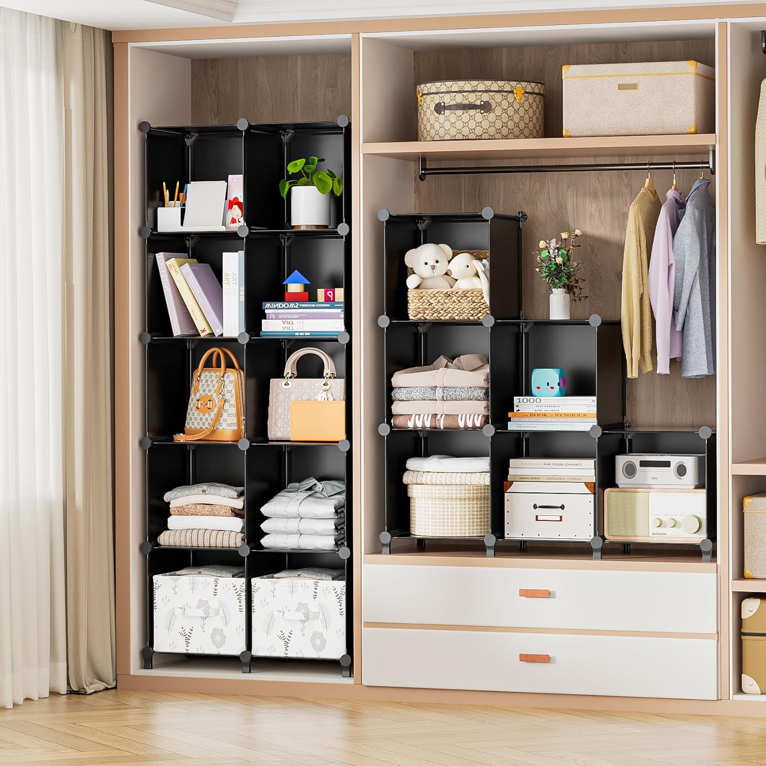 Neprock 16 Cubby Storage Organizer, Closet Clothes Storage Organizer, Cube Shelves Closet Organizers and Storage Shelves for Clothing Storage with Hammer, Bookshelf for Kids（Black）