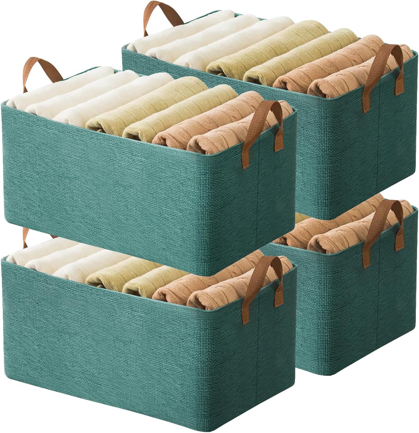 AARAINBOW Linen Closet Organizer Storage Bin with Steel Frame, Stackable Fabric Jeans Baskets for Shelves, 4 Packs Foldable Wardrobe Clothes Box for Sweater Pants Clothing Towel Shirt Felt, 23L Beige