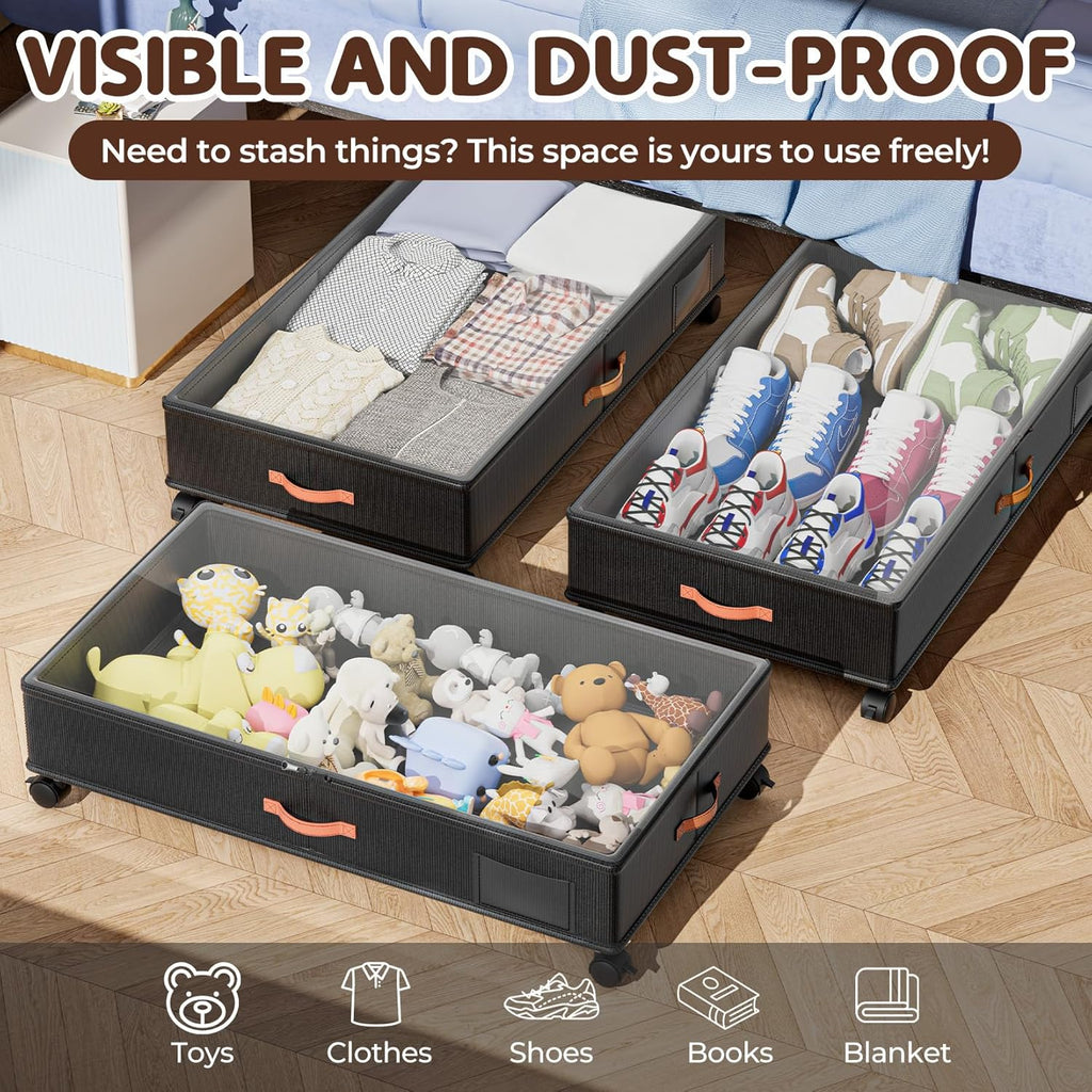Under Bed Storage with Wheels 2-Pack, Under Bed Storage Containers 60L Clear Lids, Rolling Storage Drawers for Clothes Shoes Blankets, Underbed Organizer Bins(32" L x 17.3" W x 7.2" H)