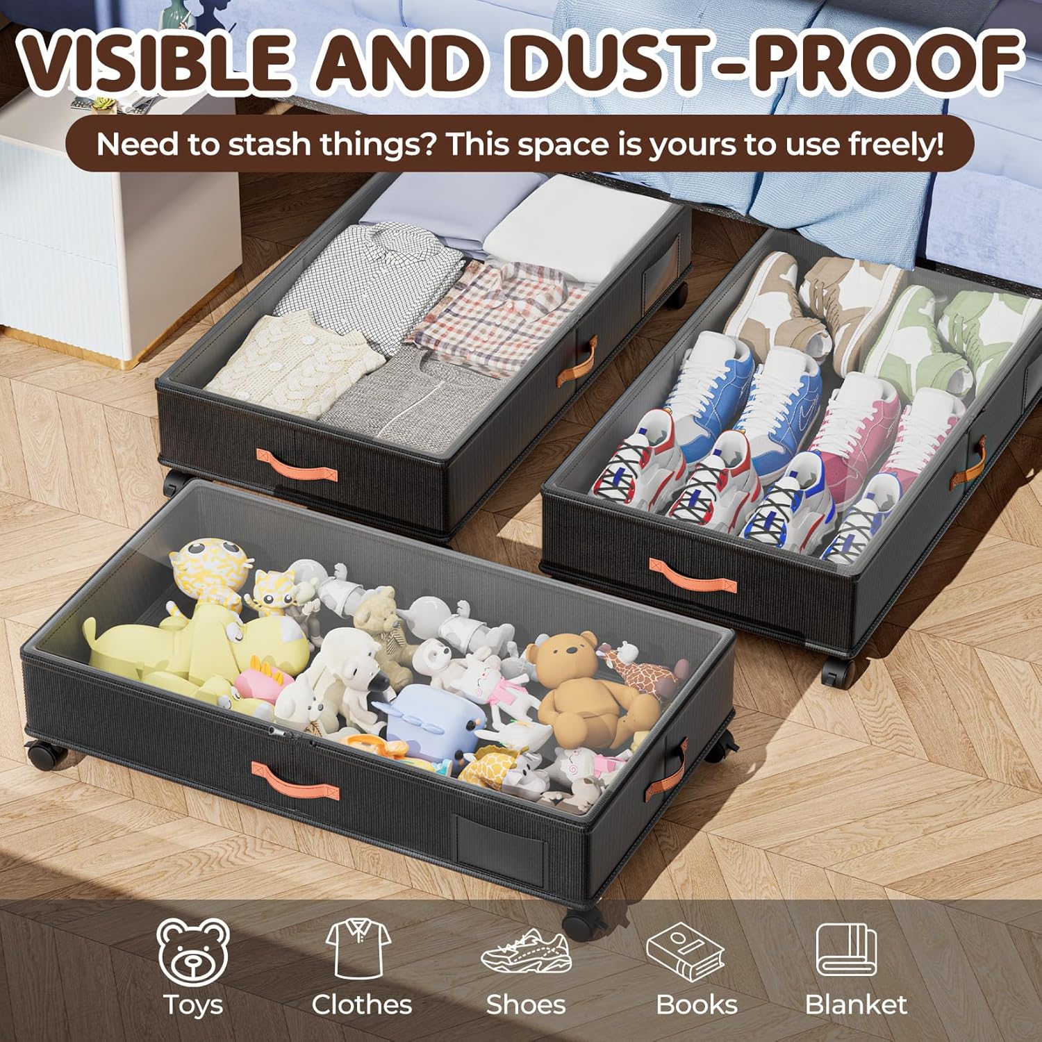 Under Bed Storage with Wheels 2-Pack, Under Bed Storage Containers 60L Clear Lids, Rolling Storage Drawers for Clothes Shoes Blankets, Underbed Organizer Bins(32" L x 17.3" W x 7.2" H)