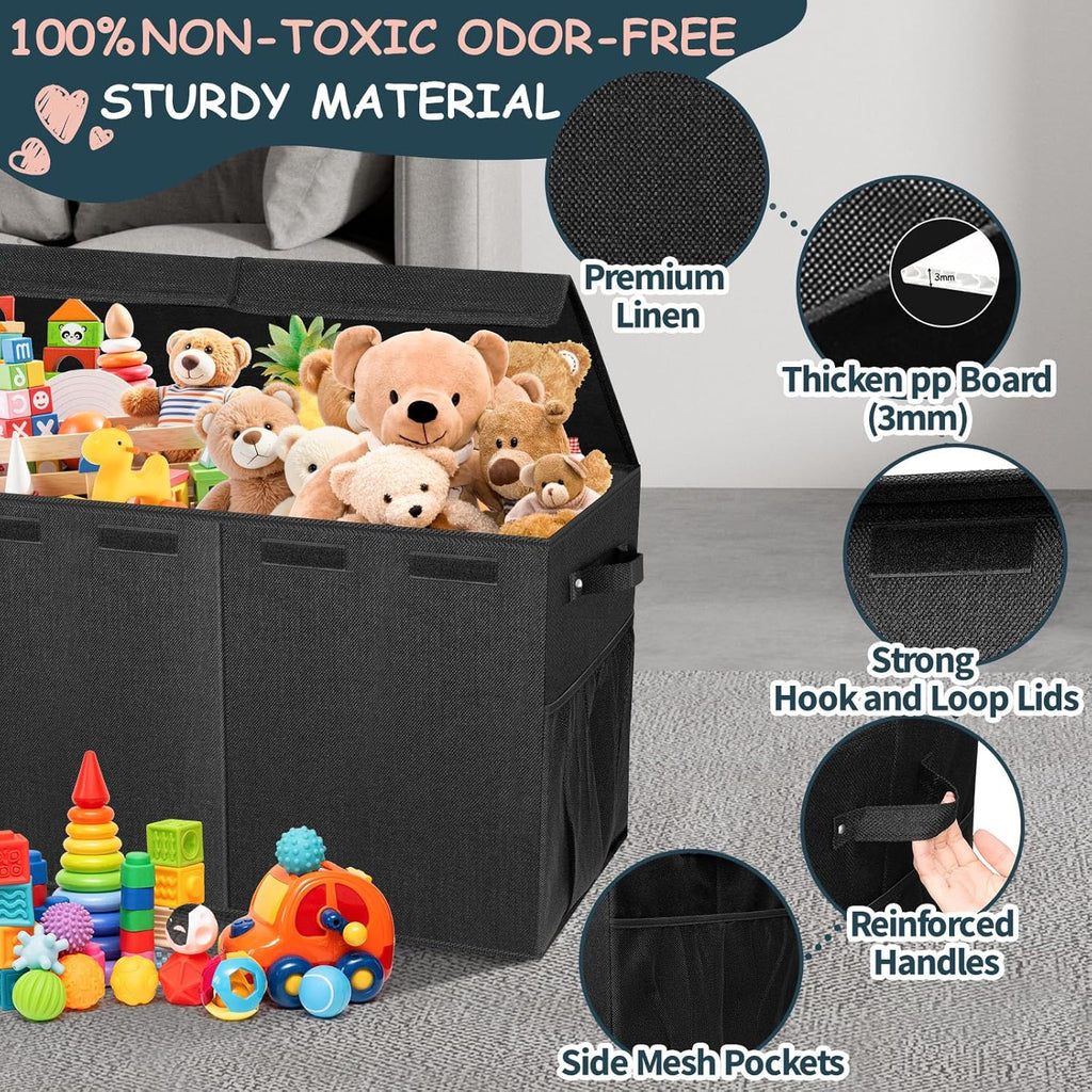 Extra Large Toy Box with Lids - Sturdy Collapsible Kids Storage Organizer Big Bin Chest Basket with Dividers for Boys Girls, Bedroom, Nursery, Living Room, Playroom Organization, 38"x16"x14", Black