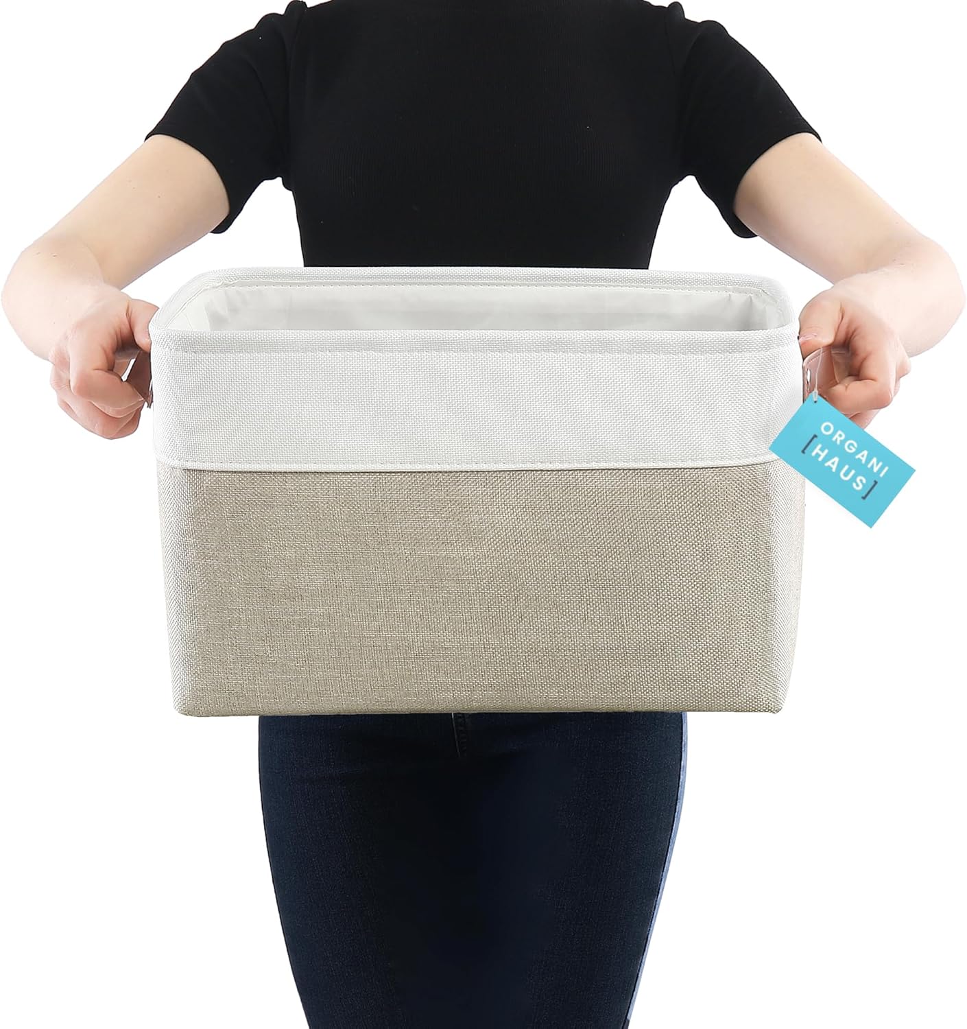 OrganiHaus Large Fabric Storage Baskets for Shelves 3 Pack, 15x11in Closet Storage Bins for Shelves, Canvas Baskets for Organizing, Linen Closet Organizers, Cloth Basket, Beige/Off-White