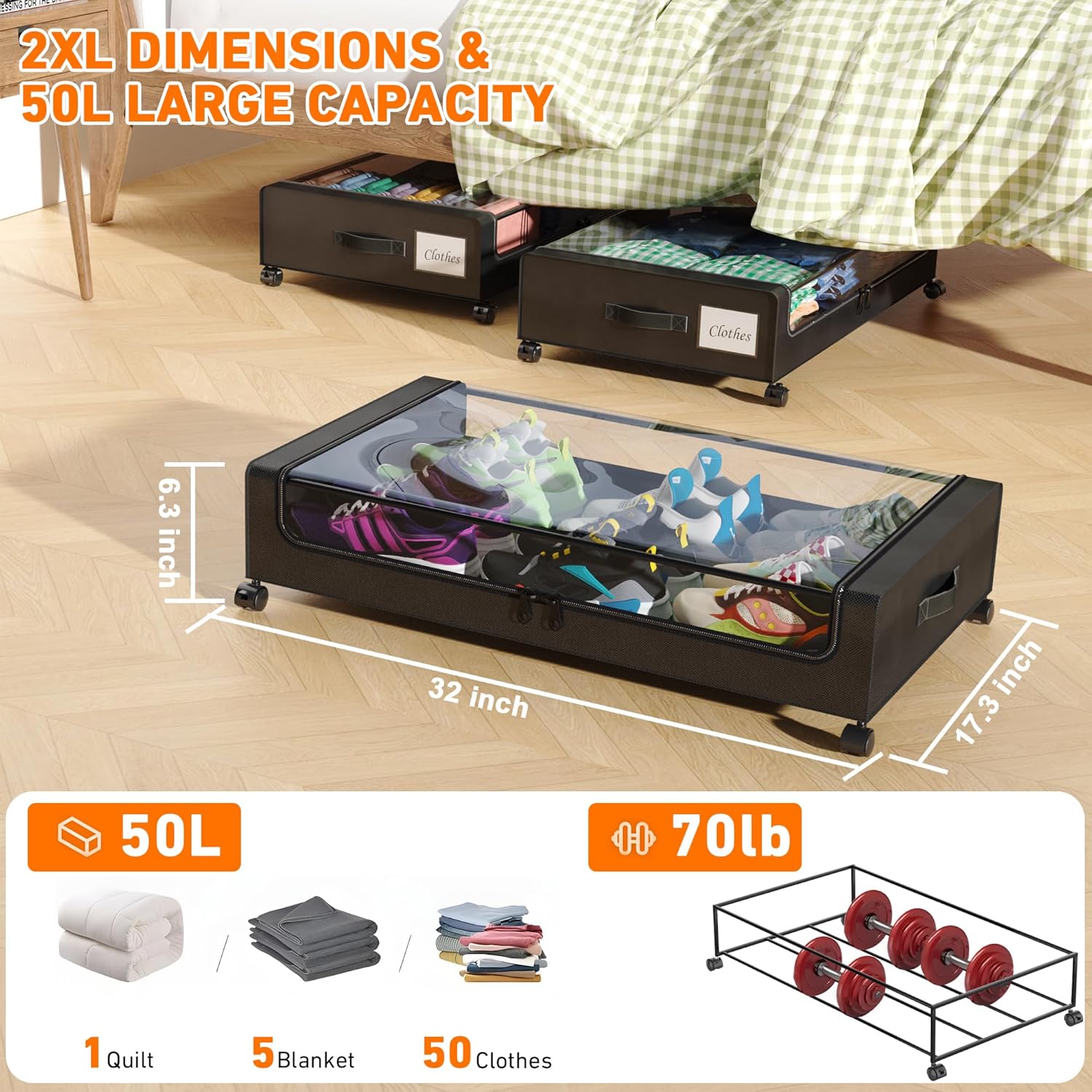 Under Bed Storage with Wheels, 2 Pack Under Bed Storage Containers with Dividers & Clear Lids, XXL 65L Under the bed storage Organizer Bins, Underbed Storage with Wheels for Clothes (Black, 2 Pack)