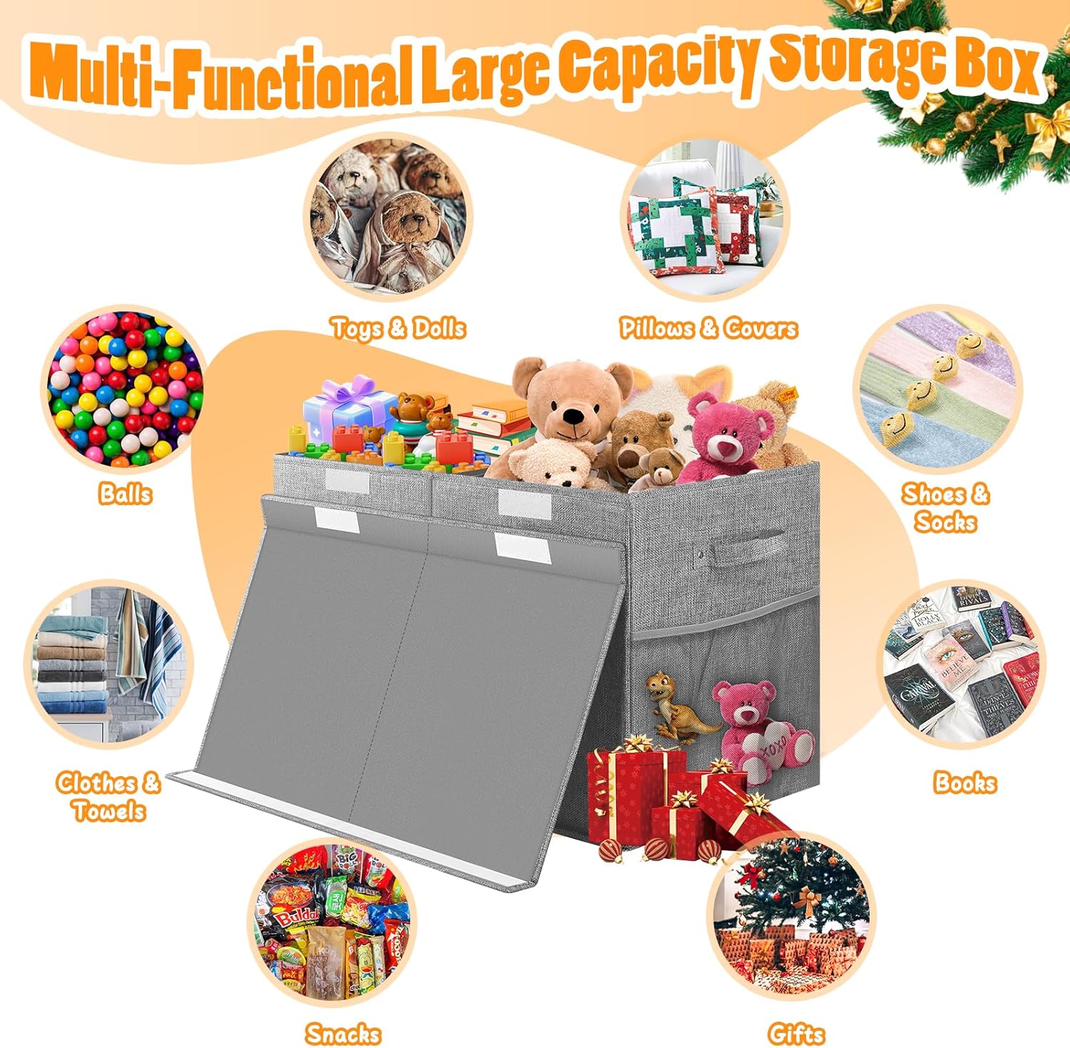 Large Toy Storage Box with Lid Divider, Sturdy Collapsible Toys Organizer Chest Kids Storage Bins Boxes Baskets for Boys, Girls, Nursery, Bedroom, Living Room, Playroom, 25"x13"x16", Gray