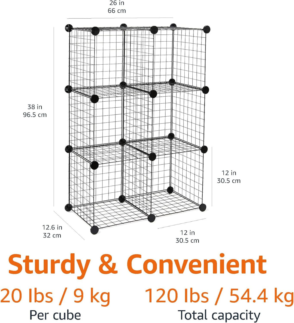 Amazon Basics Cube Wire Grid Stackable Storage Shelves, 6-Cube, 12.6"D x 26"W x 38"H, Black