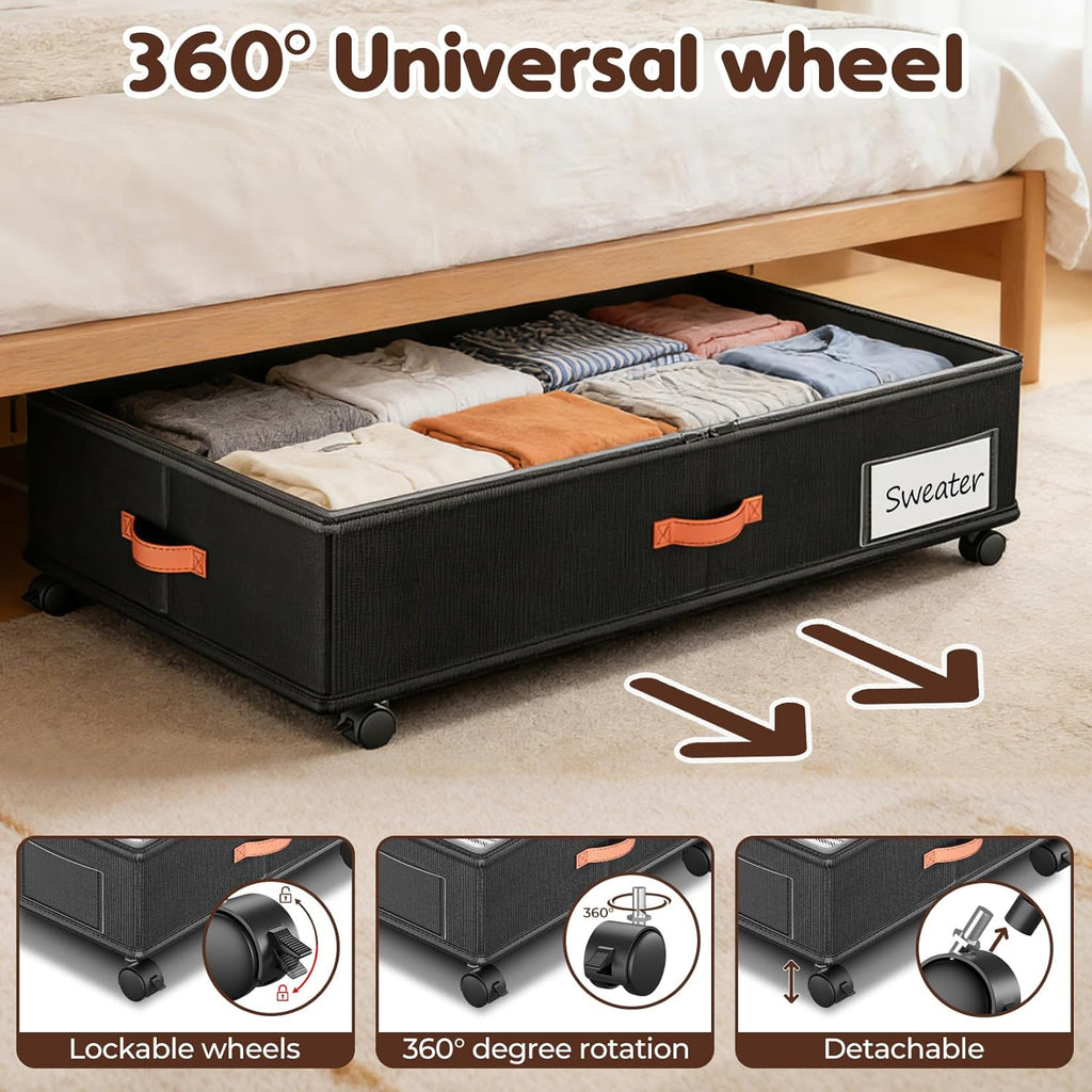 Under Bed Storage with Wheels 2-Pack, Under Bed Storage Containers 60L Clear Lids, Rolling Storage Drawers for Clothes Shoes Blankets, Underbed Organizer Bins(32" L x 17.3" W x 7.2" H)