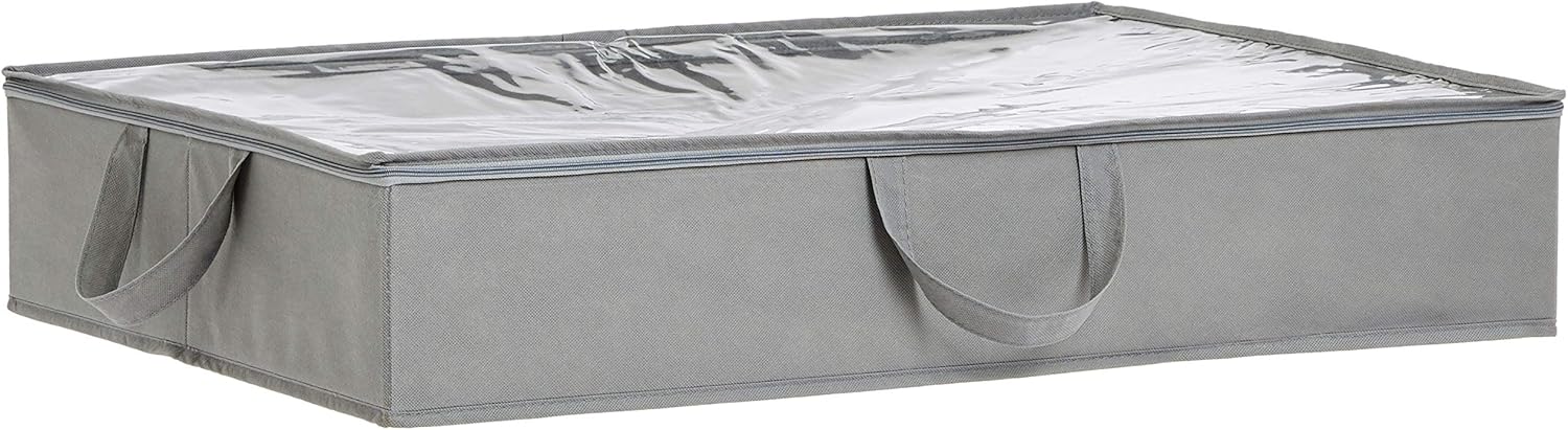 Amazon Basics Under Bed Fabric Zipper Blanket Storage Container Bags with Window and Handles, 2-Pack, 18 x 42 x 6 inches, Gray