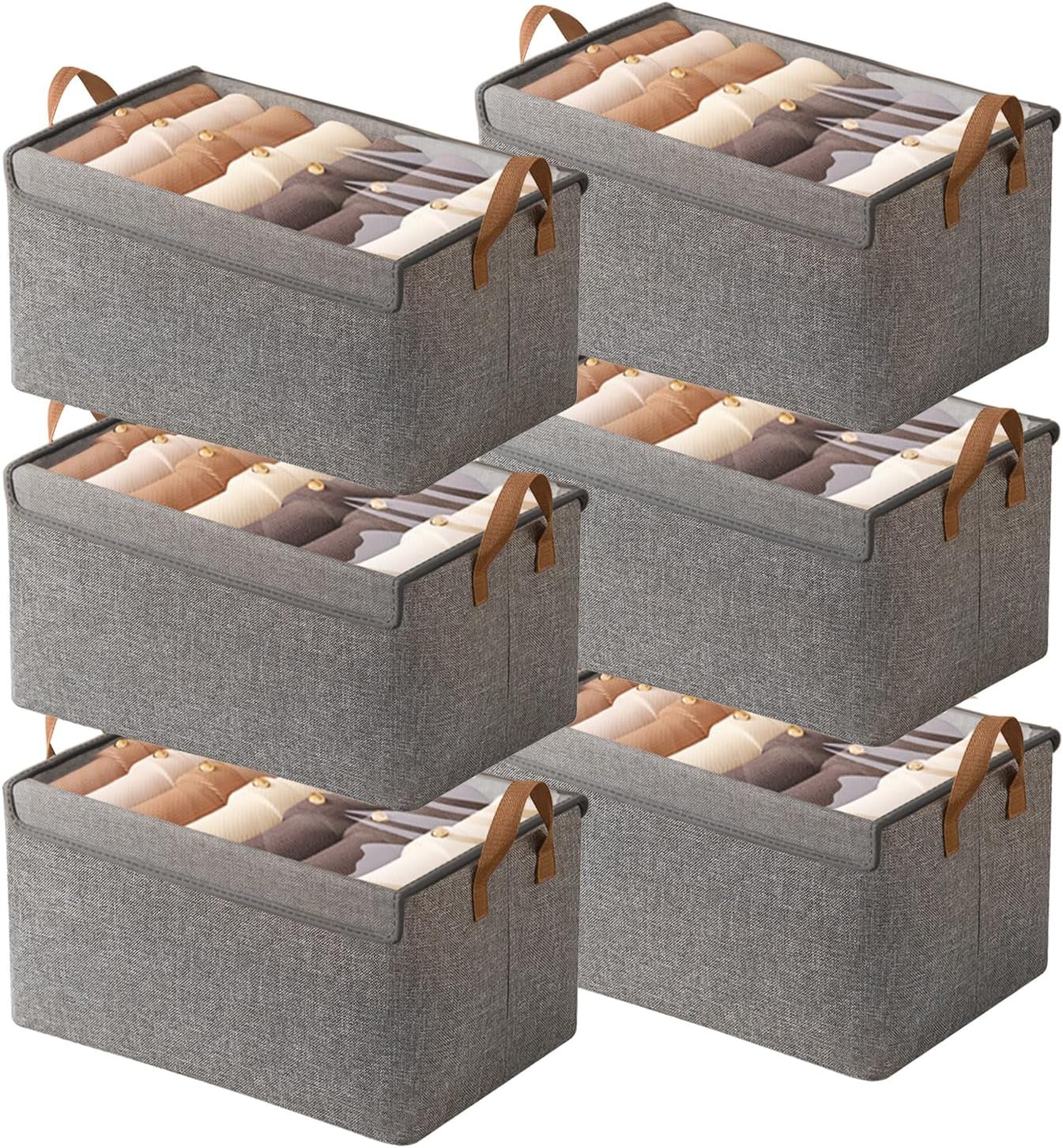 AARAINBOW Linen Closet Organizer Storage Bin with Steel Frame, Stackable Fabric Jeans Baskets for Shelves, 4 Packs Foldable Wardrobe Clothes Box for Sweater Pants Clothing Towel Shirt Felt, 23L Beige