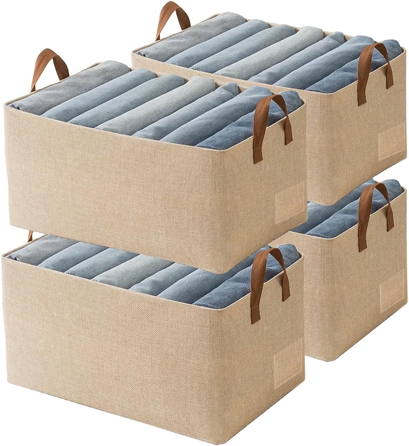 AARAINBOW Linen Closet Organizer Storage Bin with Steel Frame, Stackable Fabric Jeans Baskets for Shelves, 4 Packs Foldable Wardrobe Clothes Box for Sweater Pants Clothing Towel Shirt Felt, 23L Beige