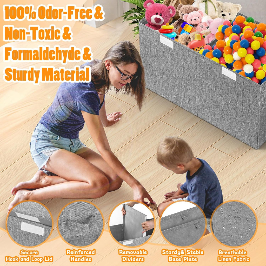 Large Toy Storage Box with Lid Divider, Sturdy Collapsible Toys Organizer Chest Kids Storage Bins Boxes Baskets for Boys, Girls, Nursery, Bedroom, Living Room, Playroom, 25"x13"x16", Gray