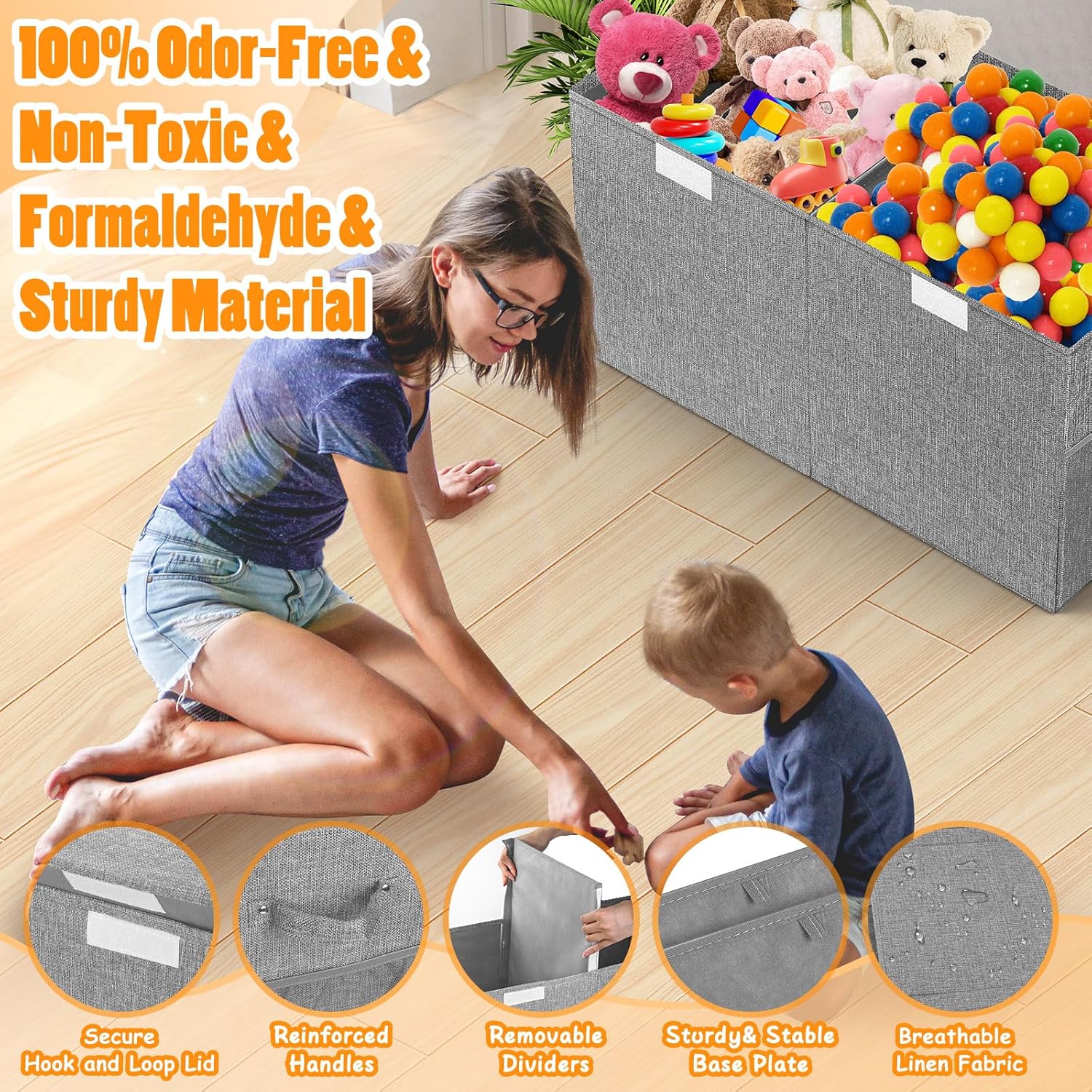Large Toy Storage Box with Lid Divider, Sturdy Collapsible Toys Organizer Chest Kids Storage Bins Boxes Baskets for Boys, Girls, Nursery, Bedroom, Living Room, Playroom, 25"x13"x16", Gray