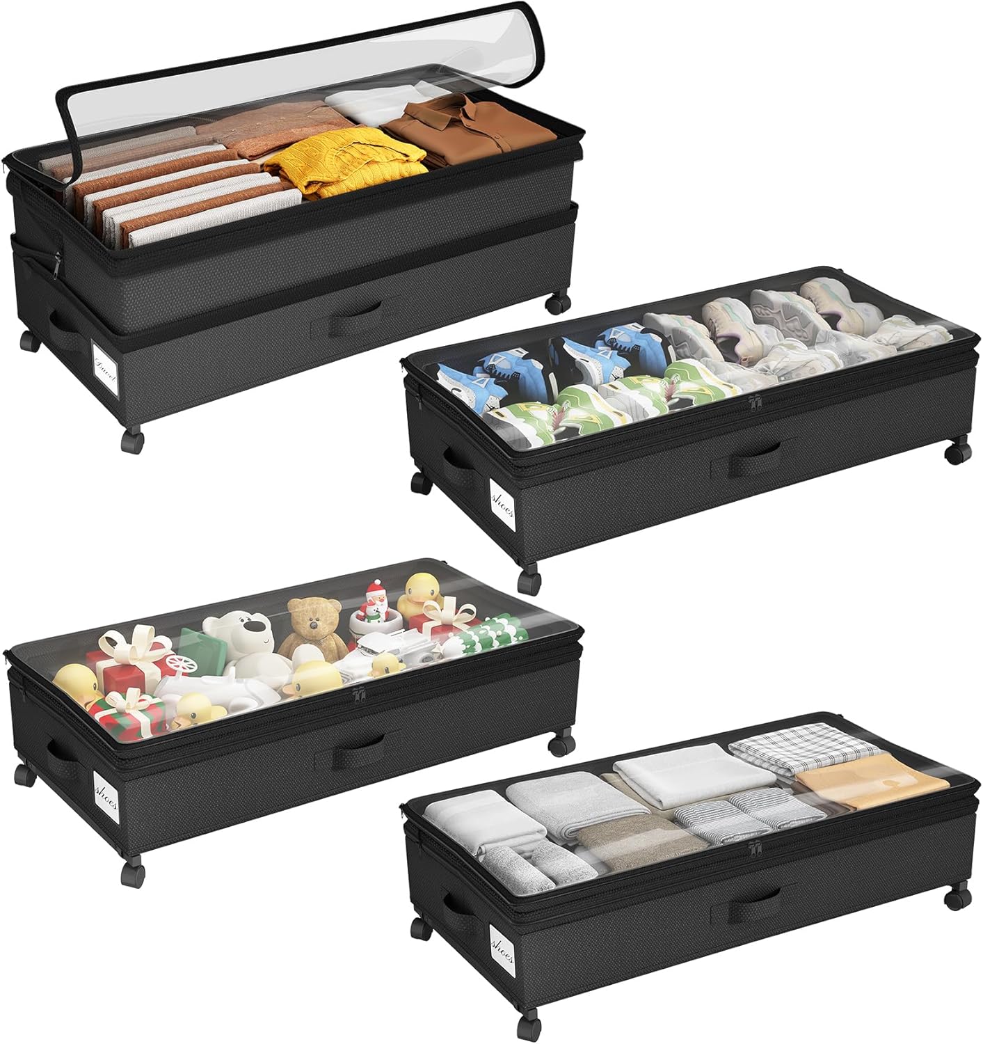 Kitstorack Under Bed Storage with Wheels 2Pack Height-adjustable Under Bed Storage Containers,Under Bed Shoe Storage Organizer with Clear Window&Label, Suitable for Clothes Storage, Gray