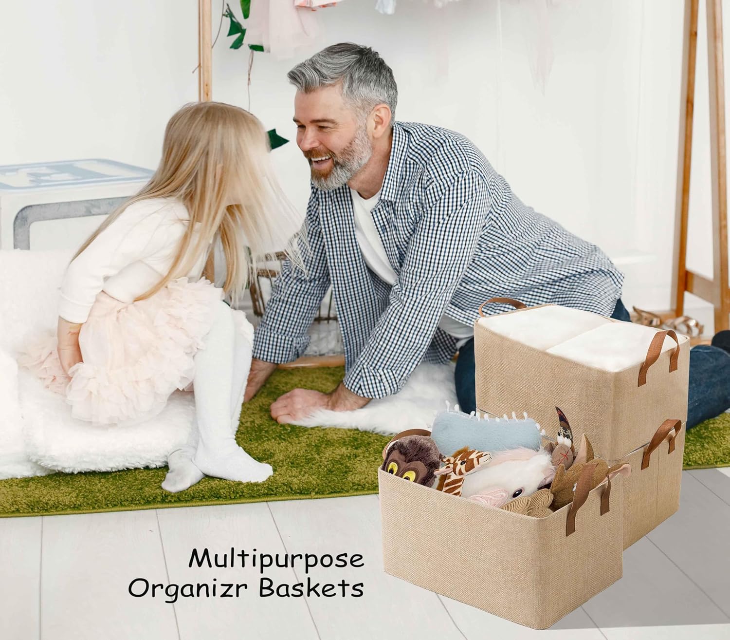 AARAINBOW Linen Closet Organizer Storage Bin with Steel Frame, Stackable Fabric Jeans Baskets for Shelves, 4 Packs Foldable Wardrobe Clothes Box for Sweater Pants Clothing Towel Shirt Felt, 23L Beige