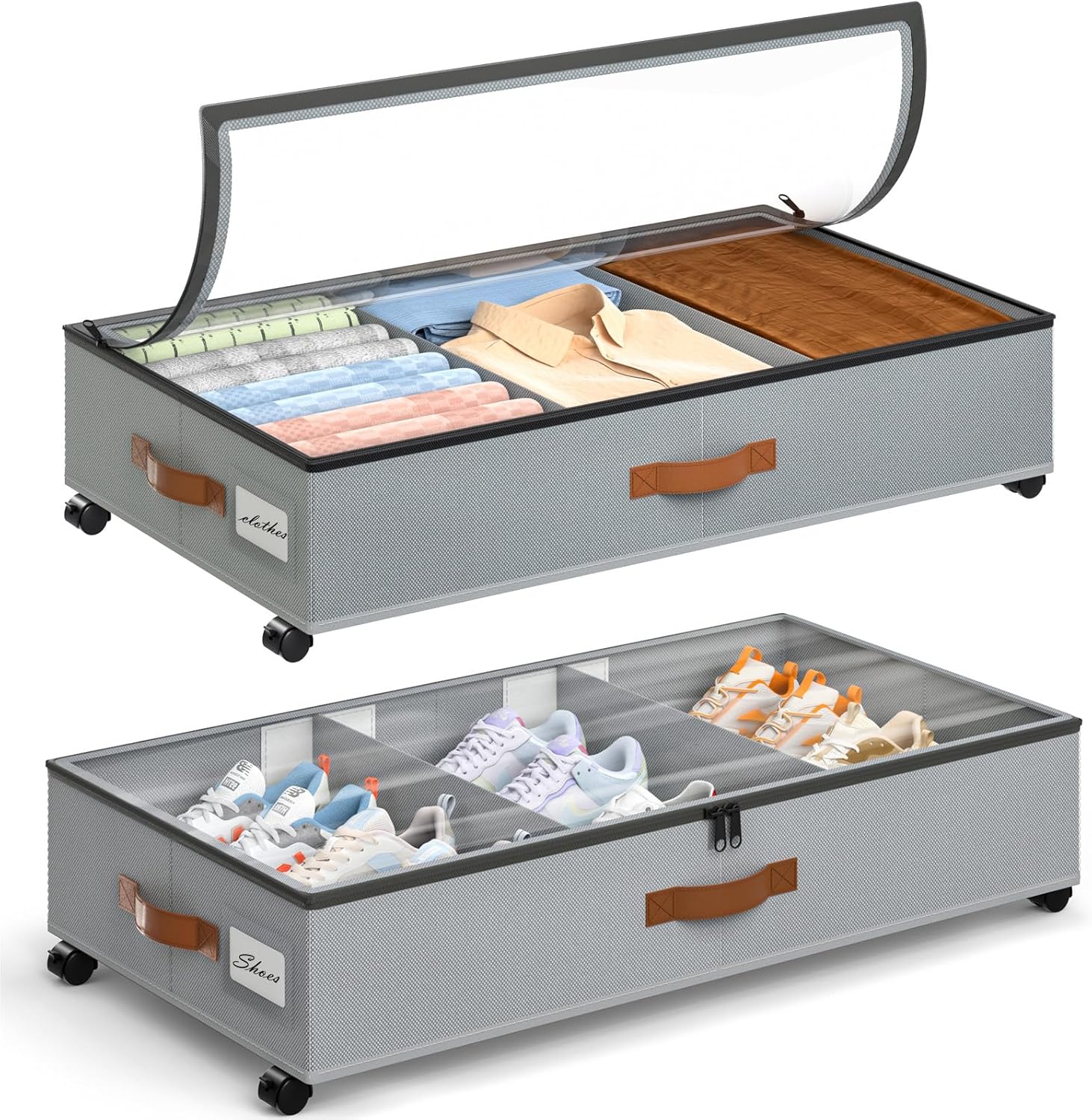 Yecaye Under Bed Storage with Wheels, 2 Pack Under Bed Storage Containers with Adjustable Dividers & Clear Lid, Rolling Underbed Organizer Bins Drawer for Clothes, Shoes, Blankets(33.3 x 16.5 x 6.7in)