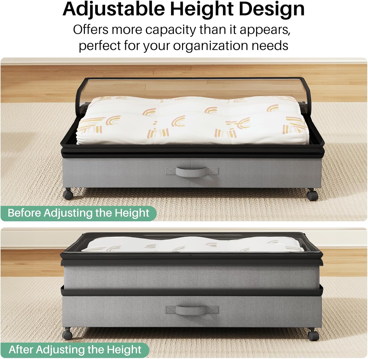 Kitstorack Under Bed Storage with Wheels 2Pack Height-adjustable Under Bed Storage Containers,Under Bed Shoe Storage Organizer with Clear Window&Label, Suitable for Clothes Storage, Gray