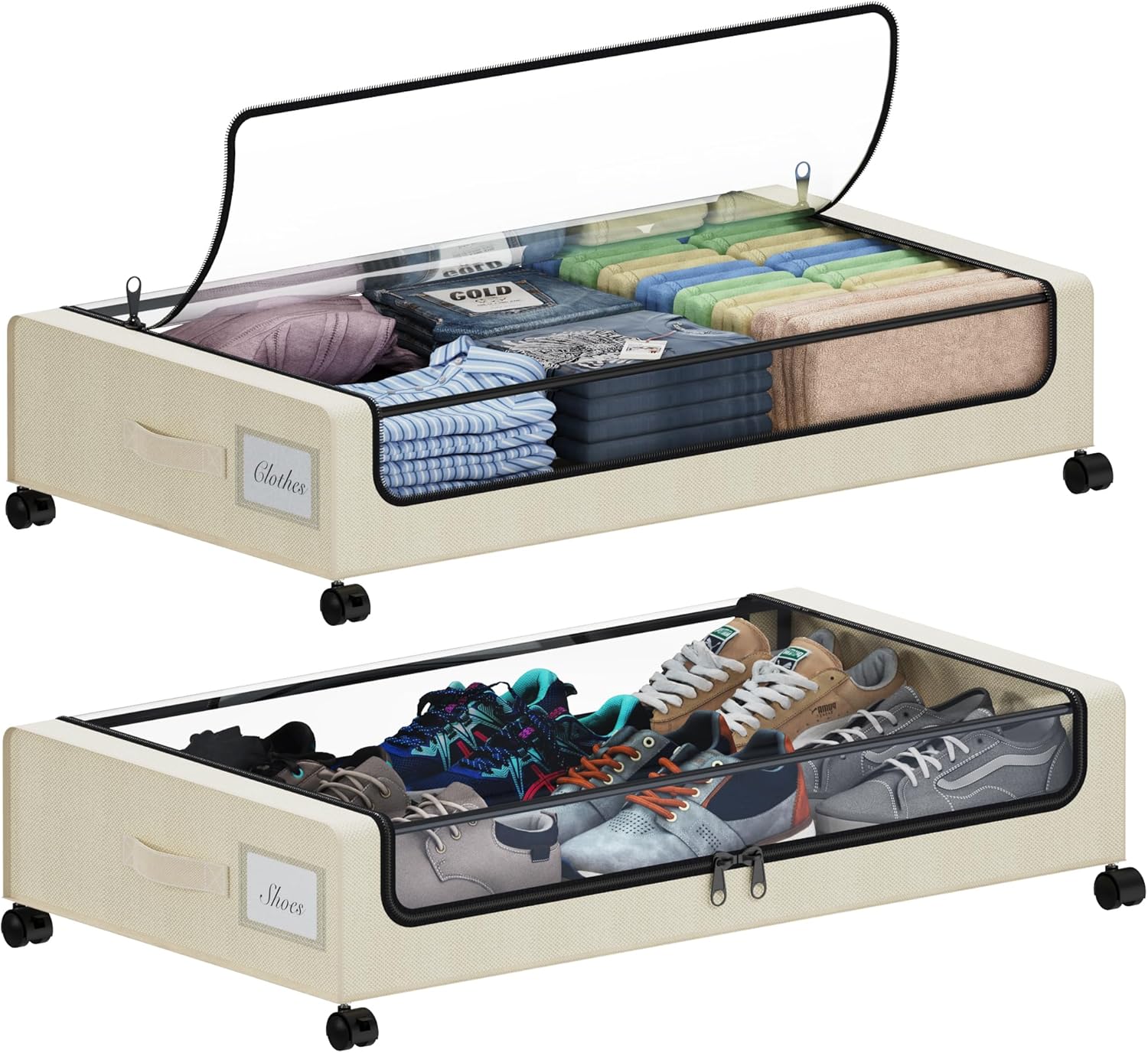 Under Bed Storage with Wheels, XXL 60L Under the Bed Storage Bins, Underbed Storage Containers with Lids & Label, Rolling Metal Drawer for Shoes, Clothes, Books, Toys (2-Pack Black)