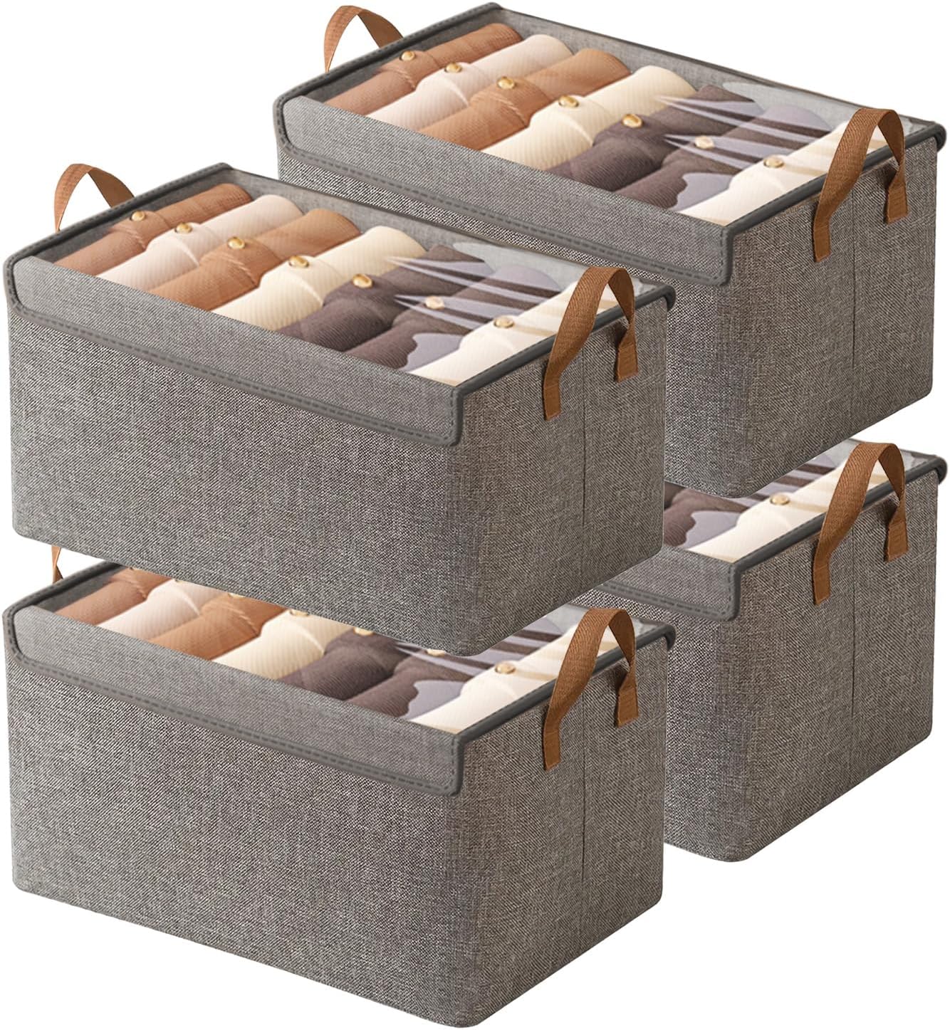 AARAINBOW Linen Closet Organizer Storage Bin with Steel Frame, Stackable Fabric Jeans Baskets for Shelves, 4 Packs Foldable Wardrobe Clothes Box for Sweater Pants Clothing Towel Shirt Felt, 23L Beige