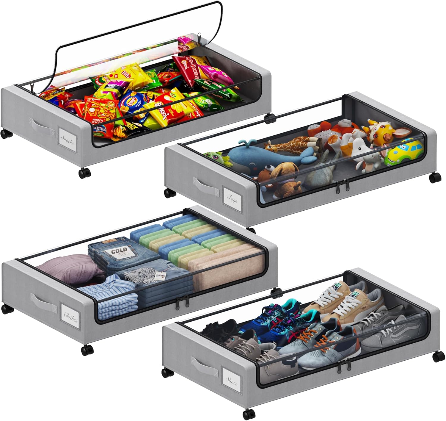 Under Bed Storage with Wheels, XXL 60L Under the Bed Storage Bins, Underbed Storage Containers with Lids & Label, Rolling Metal Drawer for Shoes, Clothes, Books, Toys (2-Pack Black)