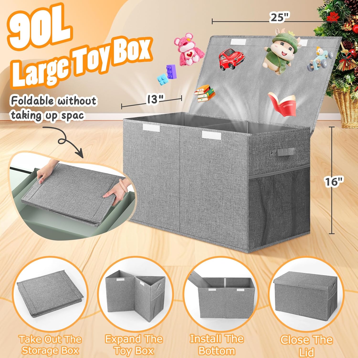 Large Toy Storage Box with Lid Divider, Sturdy Collapsible Toys Organizer Chest Kids Storage Bins Boxes Baskets for Boys, Girls, Nursery, Bedroom, Living Room, Playroom, 25"x13"x16", Gray