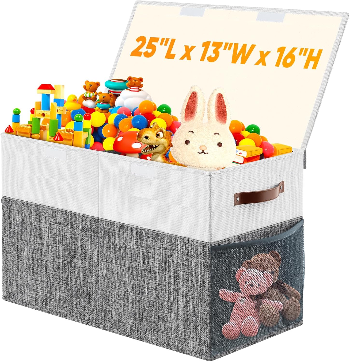 Large Toy Storage Box with Lid Divider, Sturdy Collapsible Toys Organizer Chest Kids Storage Bins Boxes Baskets for Boys, Girls, Nursery, Bedroom, Living Room, Playroom, 25"x13"x16", Gray