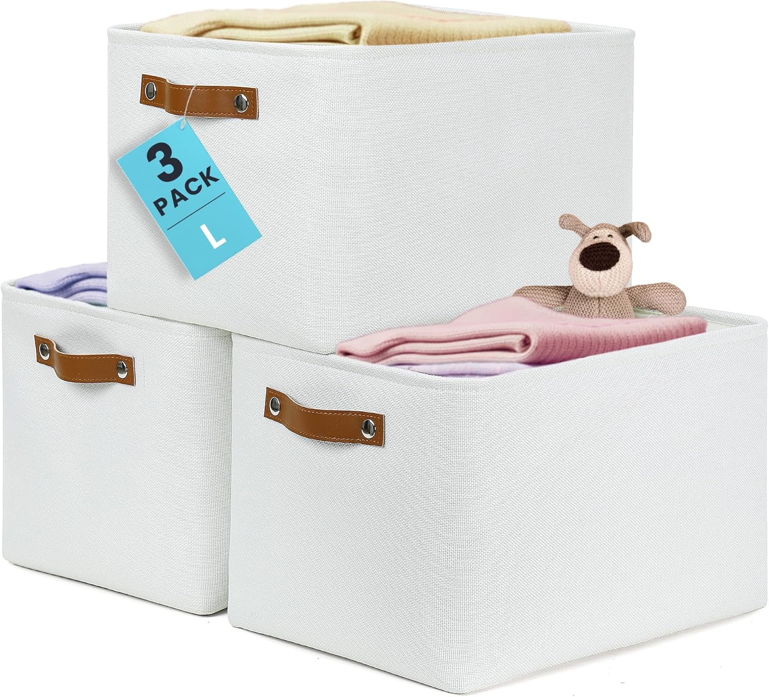 OrganiHaus Large Fabric Storage Baskets for Shelves 3 Pack, 15x11in Closet Storage Bins for Shelves, Canvas Baskets for Organizing, Linen Closet Organizers, Cloth Basket, Beige/Off-White