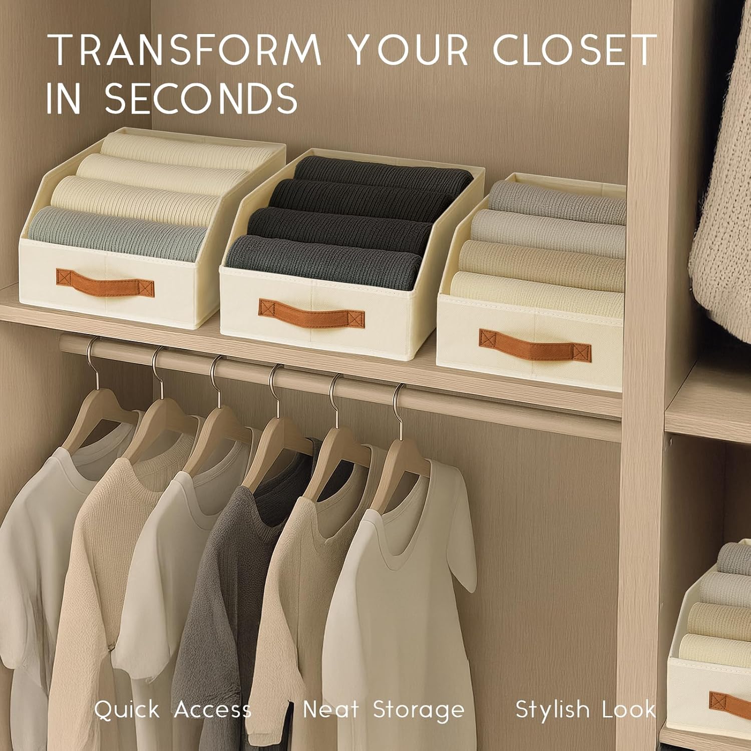 Fabric Storage Bins for Organizing - 6 Pack Large Trapezoid Collapsible Storage Bins with Front Handle, Closet Organizers and Storage for Bedroom, Home Shelves, Small Spaces, Beige