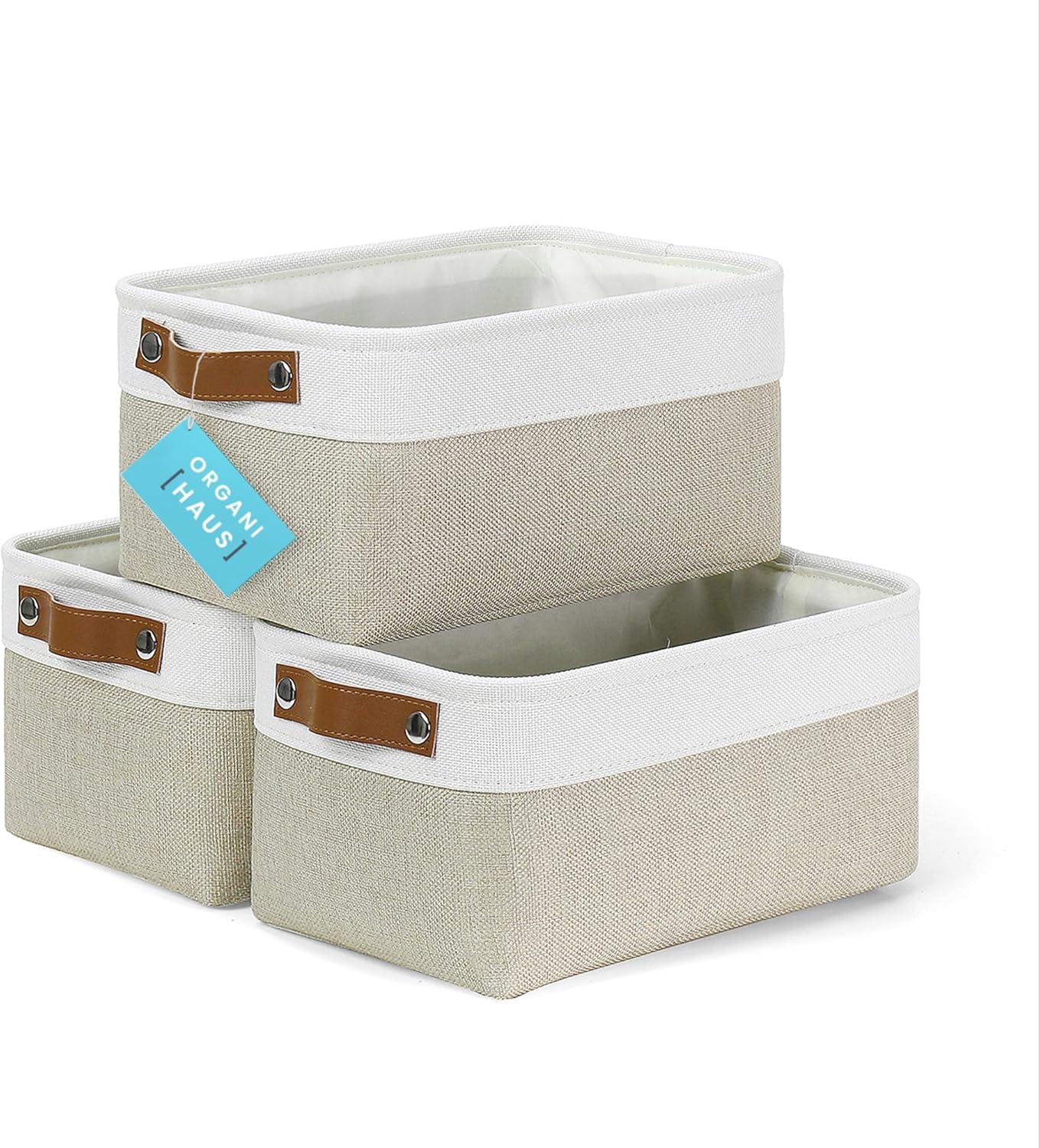 OrganiHaus Large Fabric Storage Baskets for Shelves 3 Pack, 15x11in Closet Storage Bins for Shelves, Canvas Baskets for Organizing, Linen Closet Organizers, Cloth Basket, Beige/Off-White