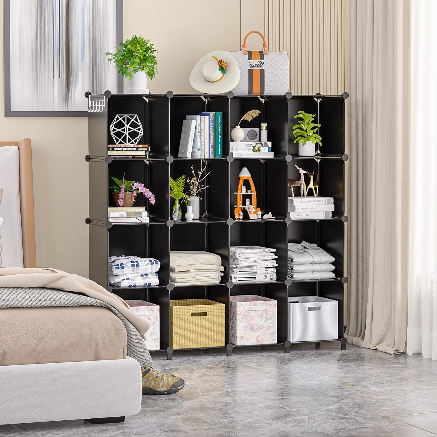 Neprock 16 Cubby Storage Organizer, Closet Clothes Storage Organizer, Cube Shelves Closet Organizers and Storage Shelves for Clothing Storage with Hammer, Bookshelf for Kids（Black）