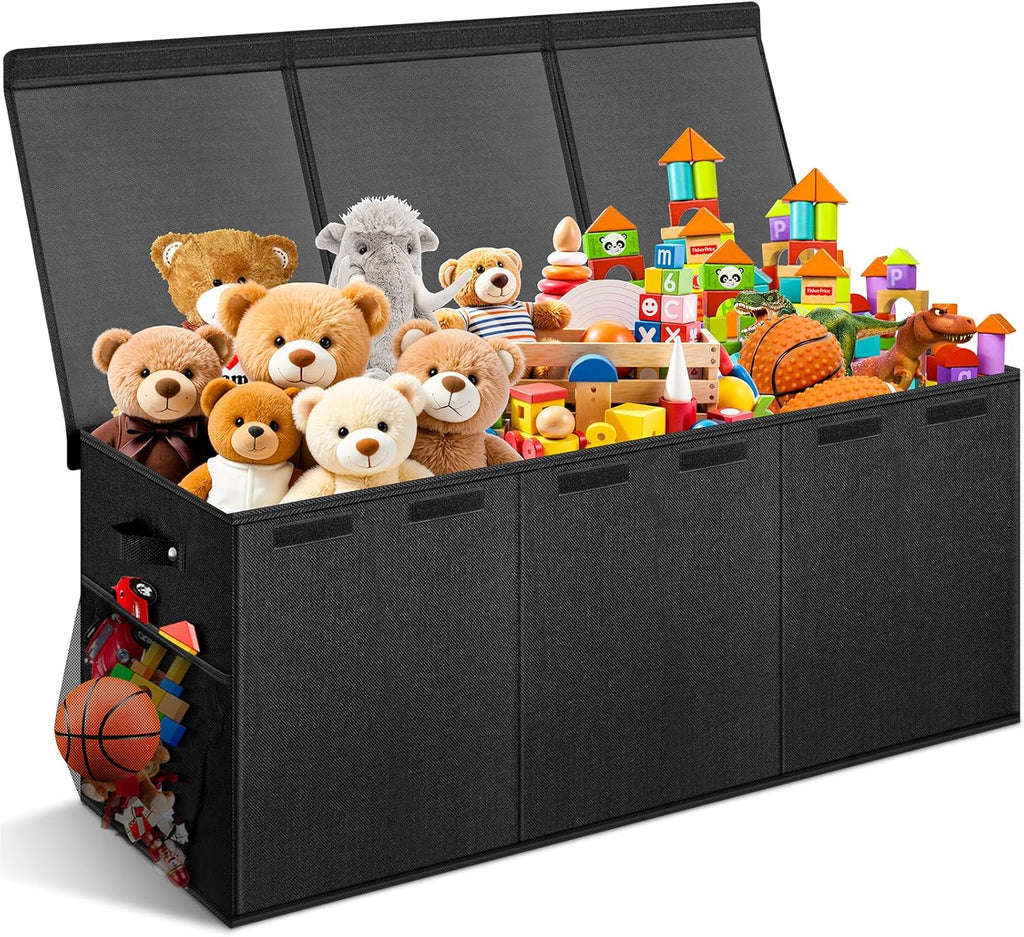 Extra Large Toy Box with Lids - Sturdy Collapsible Kids Storage Organizer Big Bin Chest Basket with Dividers for Boys Girls, Bedroom, Nursery, Living Room, Playroom Organization, 38"x16"x14", Black