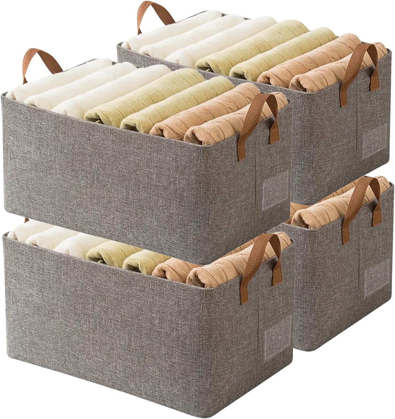 AARAINBOW Linen Closet Organizer Storage Bin with Steel Frame, Stackable Fabric Jeans Baskets for Shelves, 4 Packs Foldable Wardrobe Clothes Box for Sweater Pants Clothing Towel Shirt Felt, 23L Beige