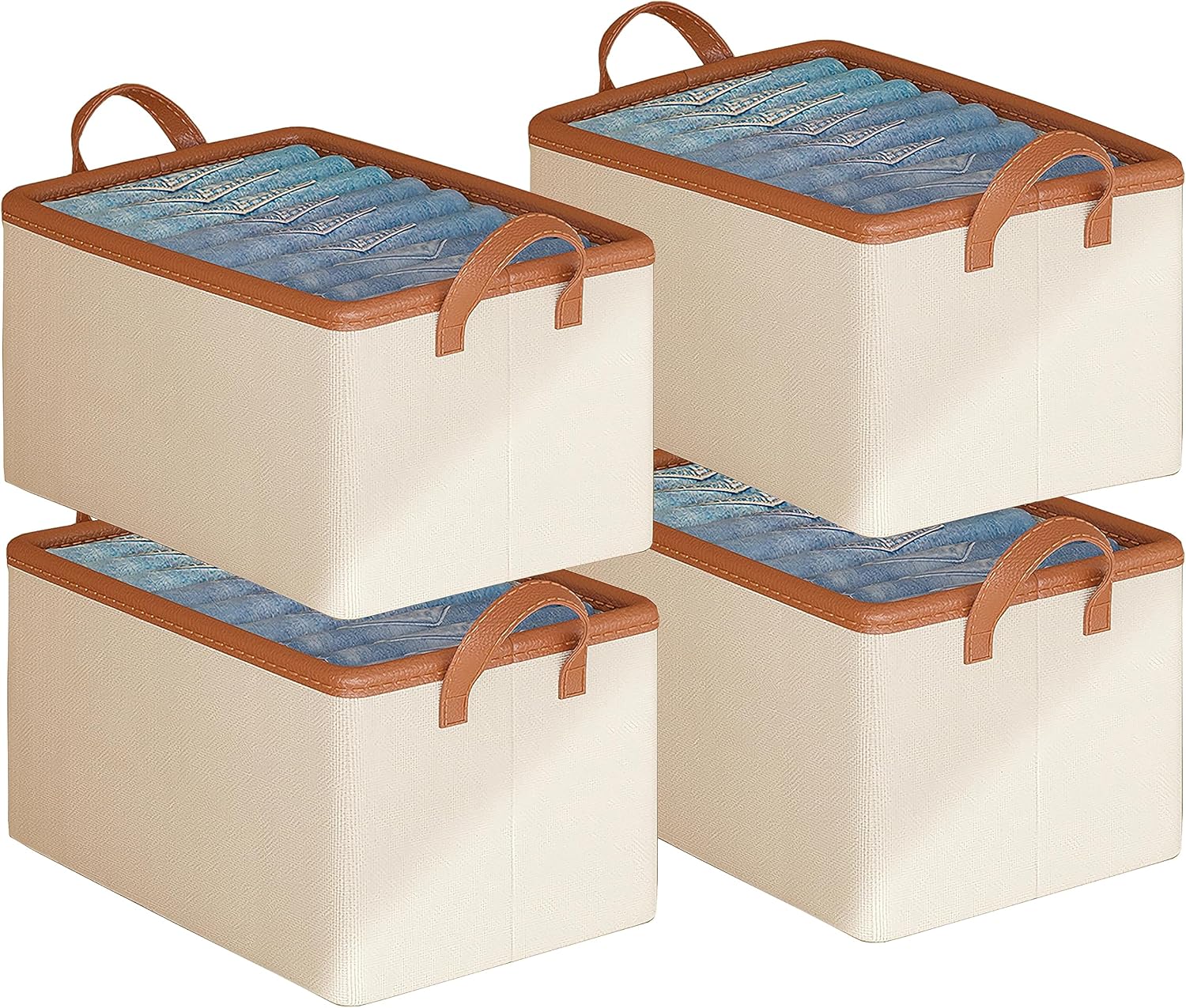 AARAINBOW Linen Closet Organizer Storage Bin with Steel Frame, Stackable Fabric Jeans Baskets for Shelves, 4 Packs Foldable Wardrobe Clothes Box for Sweater Pants Clothing Towel Shirt Felt, 23L Beige