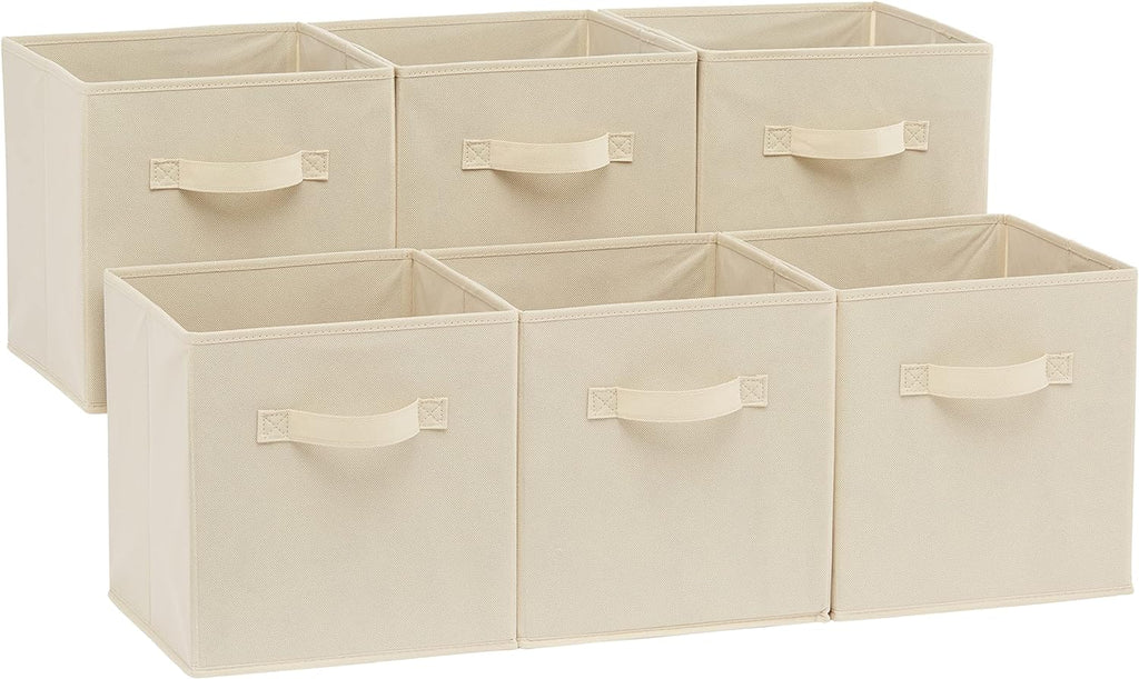 Amazon Basics Cube Organizer Storage Bins Handles, Collapsible Fabric, Pack of 6, 10.5"x10.5"x11", White/ Light Grey Stripe