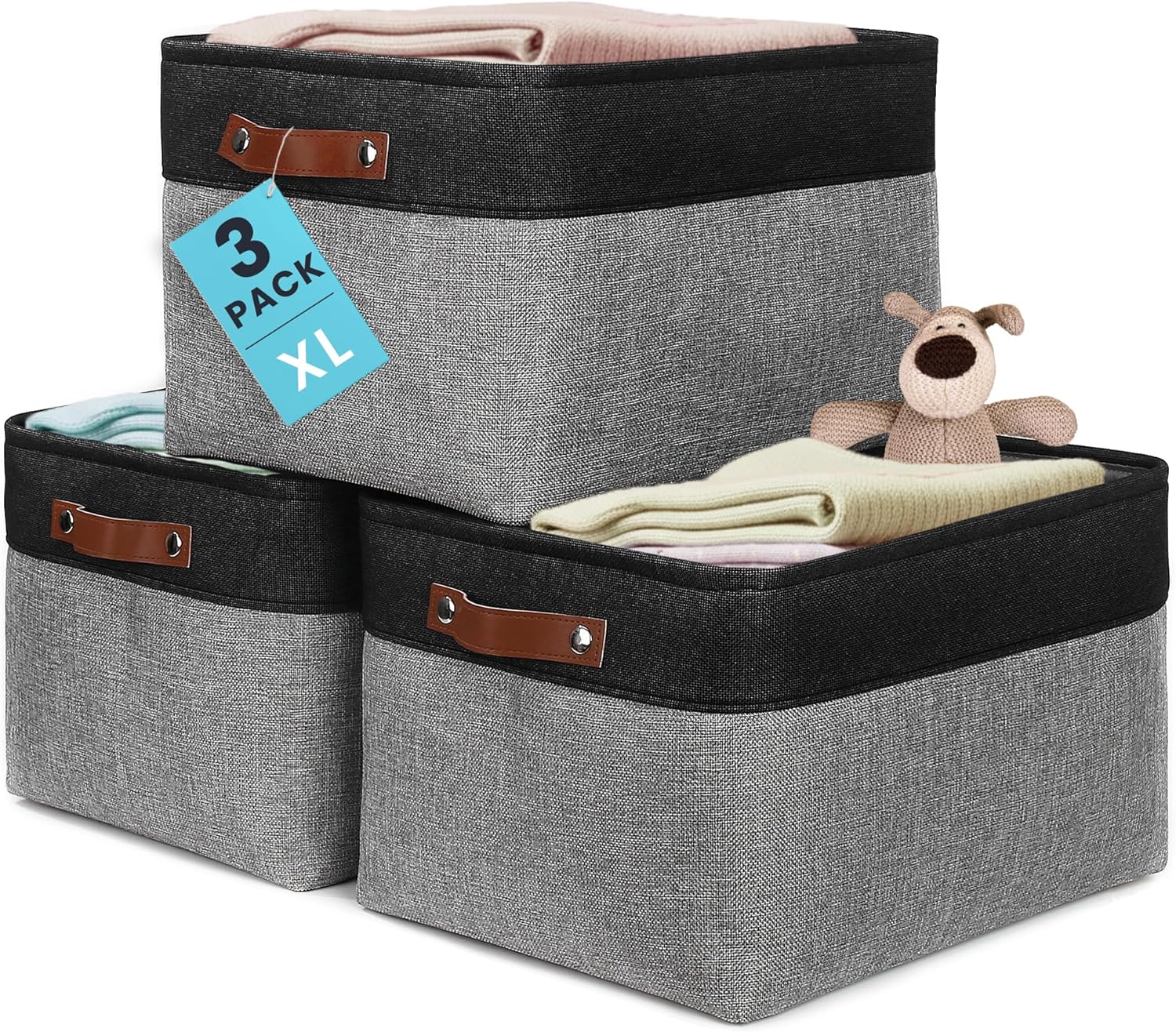 OrganiHaus Large Fabric Storage Baskets for Shelves 3 Pack, 15x11in Closet Storage Bins for Shelves, Canvas Baskets for Organizing, Linen Closet Organizers, Cloth Basket, Beige/Off-White