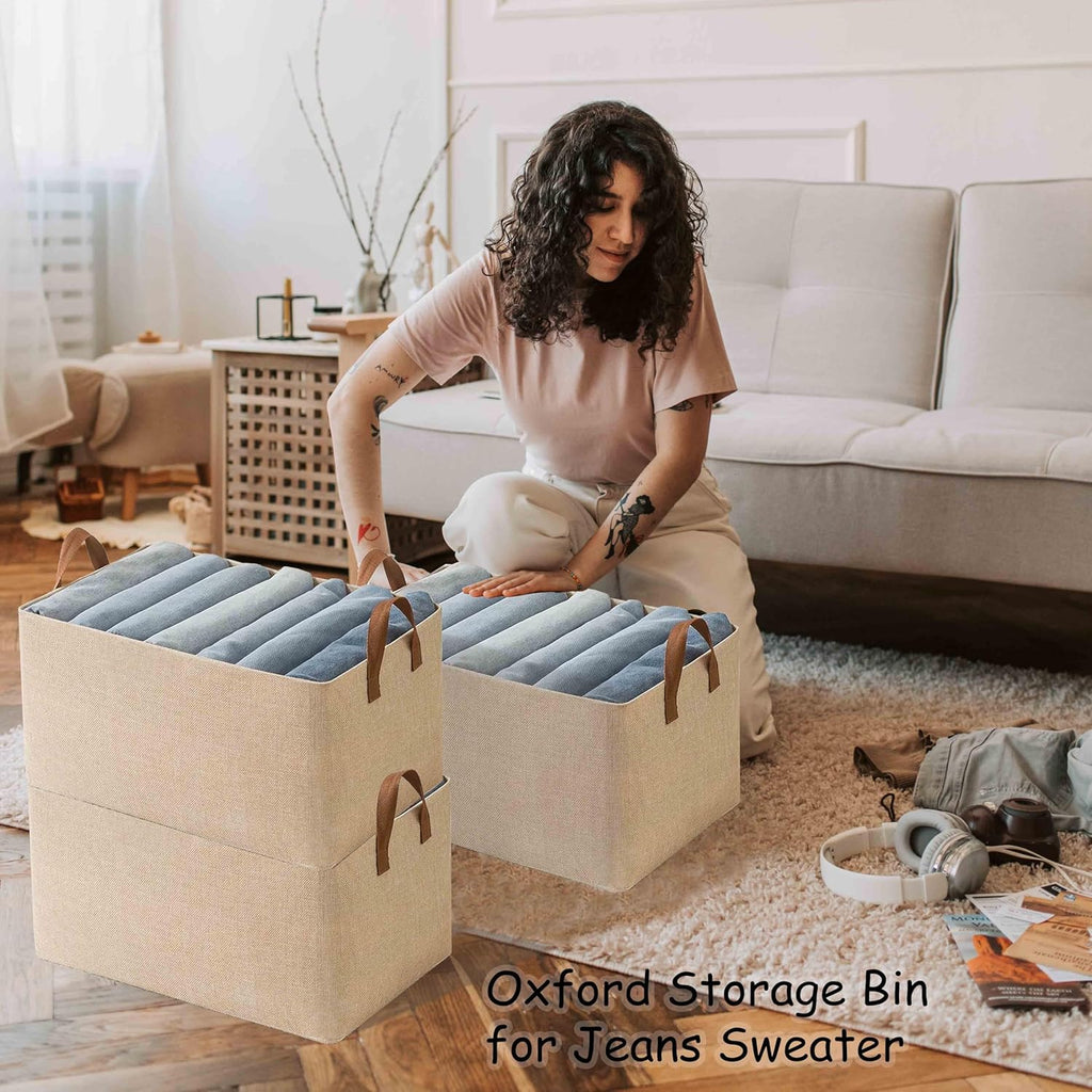 AARAINBOW Linen Closet Organizer Storage Bin with Steel Frame, Stackable Fabric Jeans Baskets for Shelves, 4 Packs Foldable Wardrobe Clothes Box for Sweater Pants Clothing Towel Shirt Felt, 23L Beige