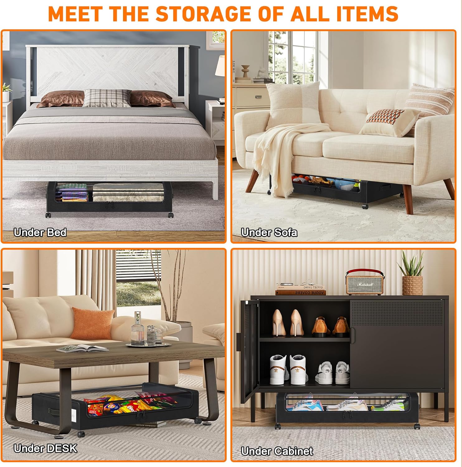 Under Bed Storage with Wheels, 2 Pack Under Bed Storage Containers with Dividers & Clear Lids, XXL 65L Under the bed storage Organizer Bins, Underbed Storage with Wheels for Clothes (Black, 2 Pack)