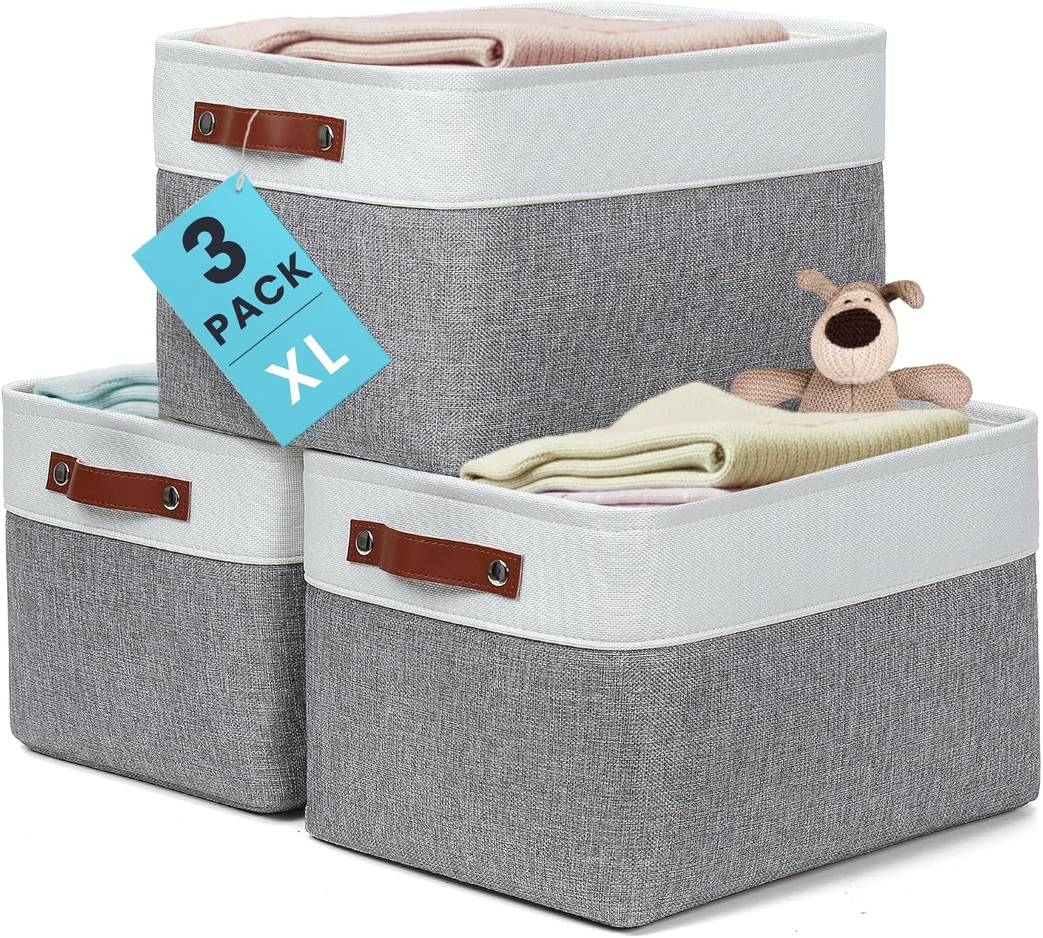 OrganiHaus Large Fabric Storage Baskets for Shelves 3 Pack, 15x11in Closet Storage Bins for Shelves, Canvas Baskets for Organizing, Linen Closet Organizers, Cloth Basket, Beige/Off-White