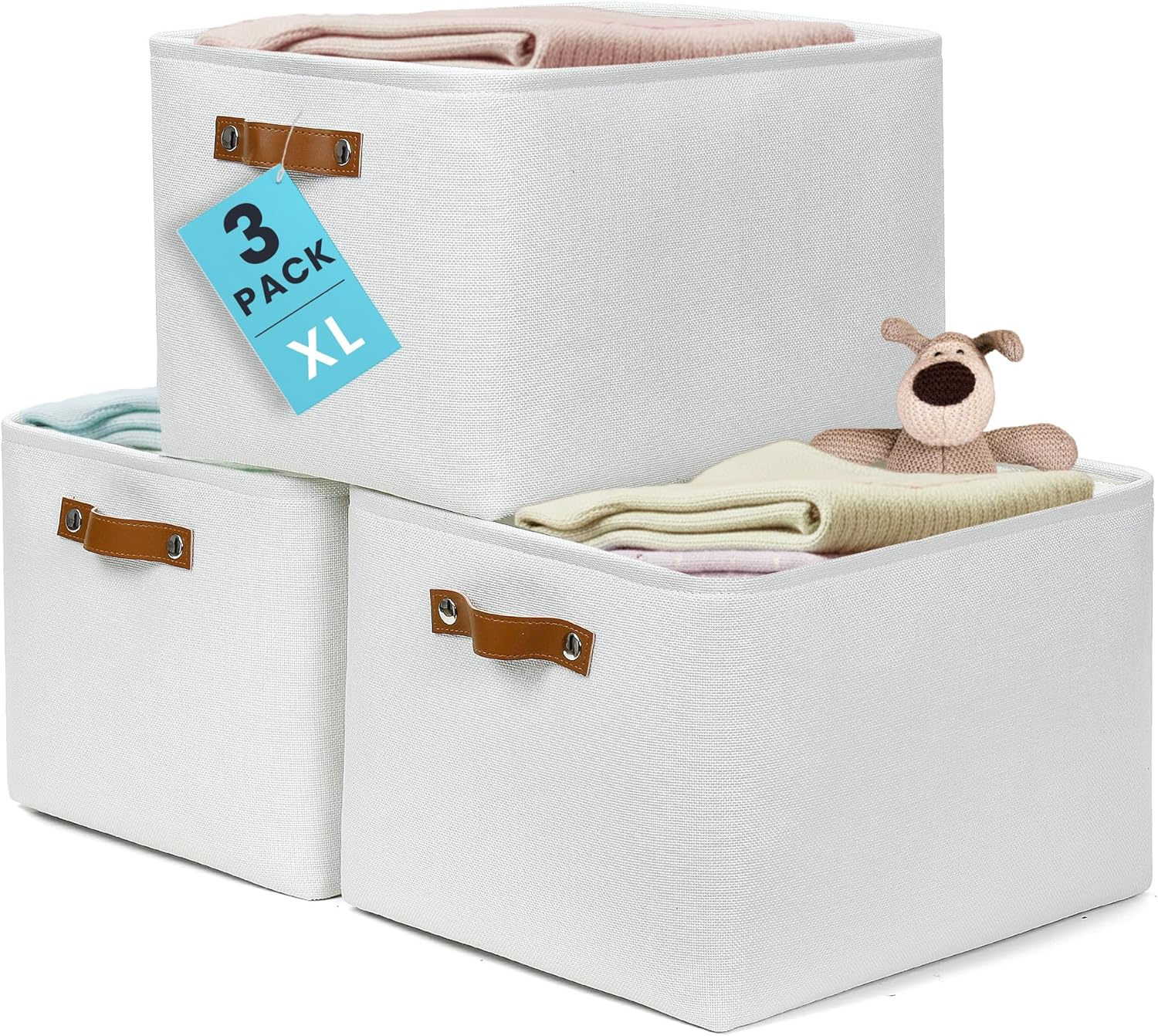 OrganiHaus Large Fabric Storage Baskets for Shelves 3 Pack, 15x11in Closet Storage Bins for Shelves, Canvas Baskets for Organizing, Linen Closet Organizers, Cloth Basket, Beige/Off-White