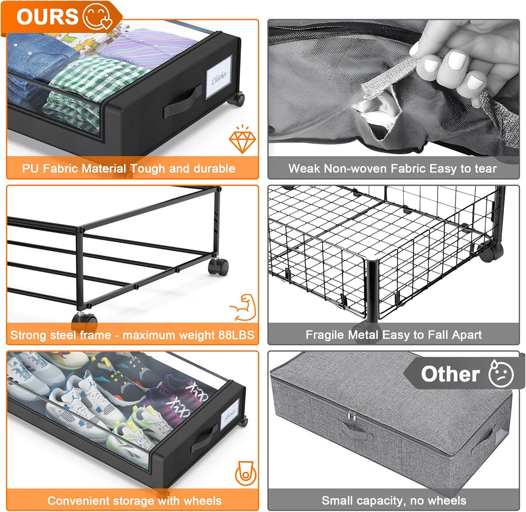 Under Bed Storage with Wheels, 2 Pack Under Bed Storage Containers with Dividers & Clear Lids, XXL 65L Under the bed storage Organizer Bins, Underbed Storage with Wheels for Clothes (Black, 2 Pack)