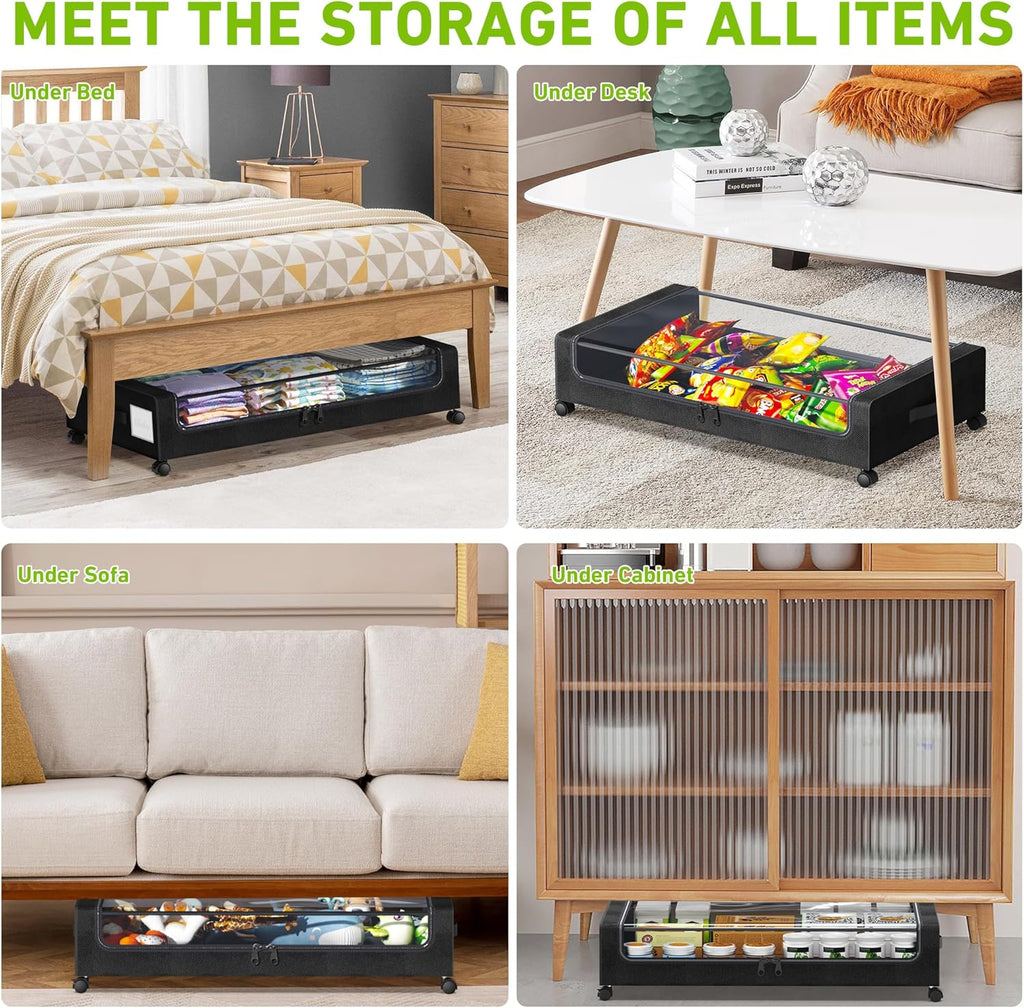 Under Bed Storage with Wheels, XXL 60L Under the Bed Storage Bins, Underbed Storage Containers with Lids & Label, Rolling Metal Drawer for Shoes, Clothes, Books, Toys (2-Pack Black)