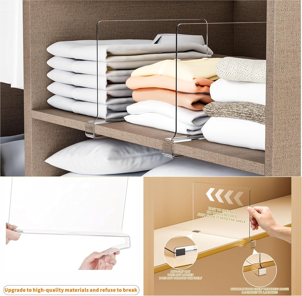 Yieach 4 Pack Clear Acrylic Shelf Divider for Closet Organization - 9.2″ Tall Closet Dividers for Wood Shelves,Cupboard,Vertical Shelf Separators in Closet for T-Shirt,Purse,Handbag,Sweater Organizer
