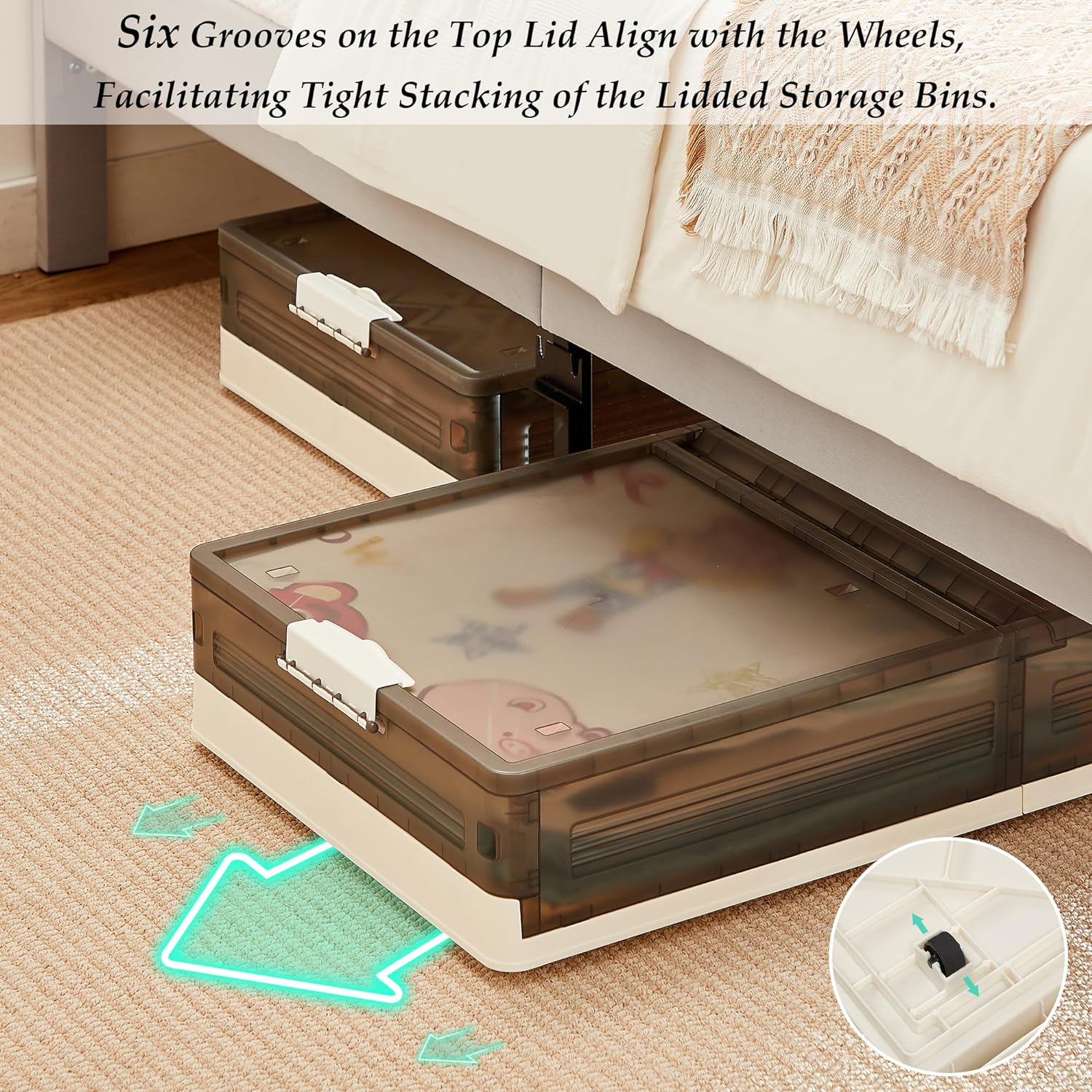 VECELO Under Bed Storage with Wheels, 2 Pack Stackable Under Bed Storage Containers, Underbed Storage Containers with Lids, Plastic Foldable Folding Box for Clothes Shoes, Grey