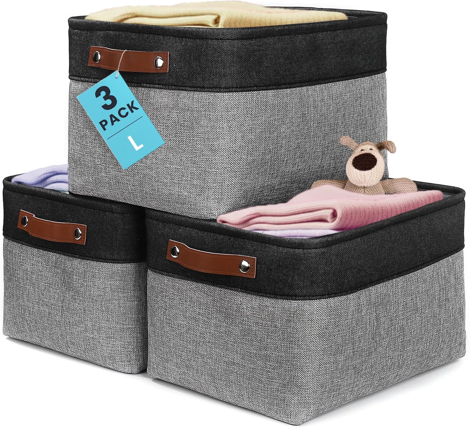 OrganiHaus Large Fabric Storage Baskets for Shelves 3 Pack, 15x11in Closet Storage Bins for Shelves, Canvas Baskets for Organizing, Linen Closet Organizers, Cloth Basket, Beige/Off-White